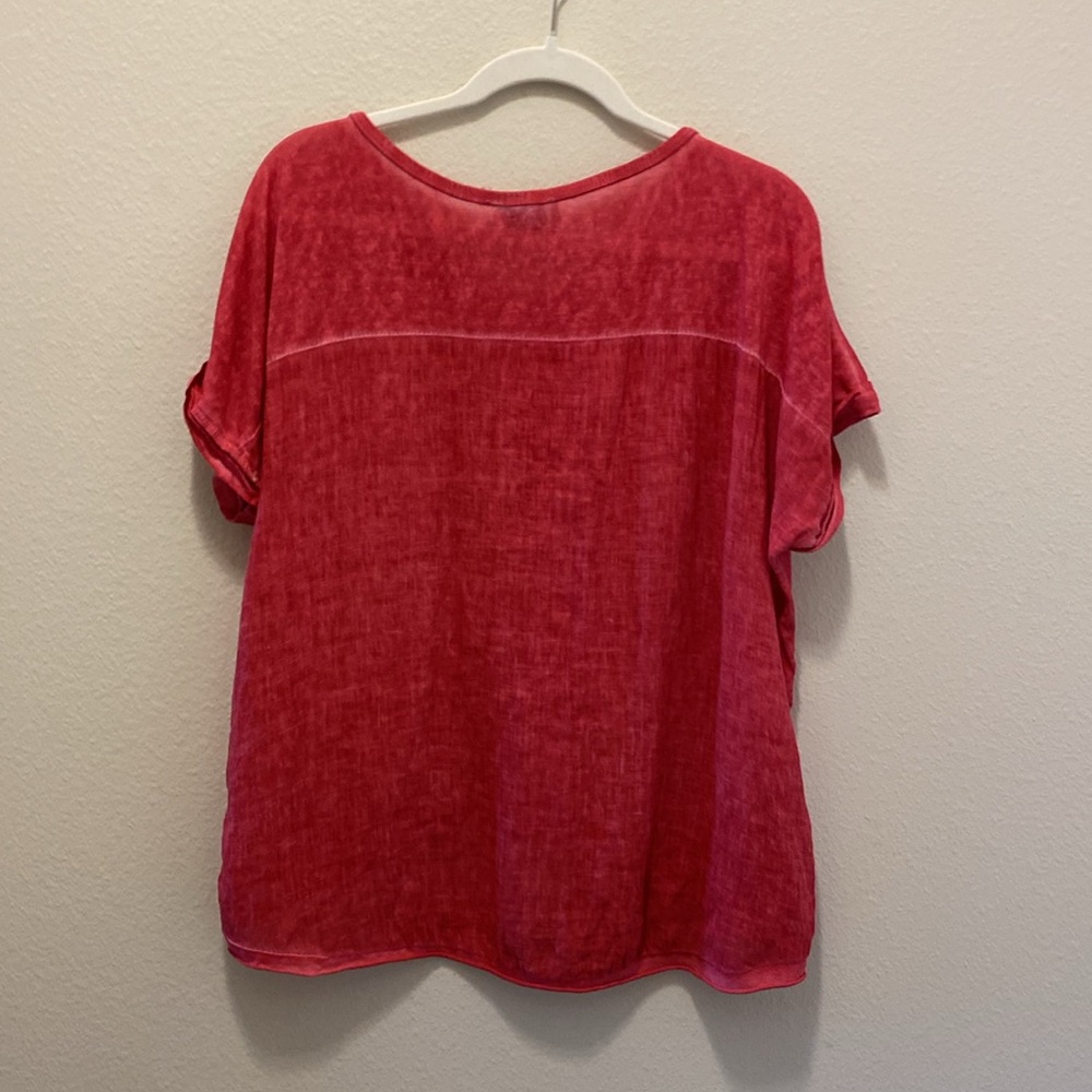 Belle France Linen Shirt Rasberry Breathable Short Sleeves V-Neck Italy Made - Picture 5 of 6